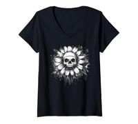 Womens Amazing Gothic Skull in Flower Style for Daisies V-Neck T-Shirt
