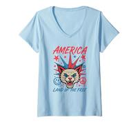 Womens Ameirca Land Of The Free Cat US Flag 4th Of July V-Neck T-Shirt