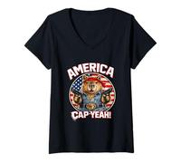 Women's America Cap Yeah Funny Capybara US Flag V-Neck T-Shirt
