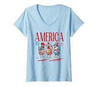 Womens America Chicken USA Flag 4th Of July Women Men Farmer V-Neck T-Shirt
