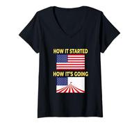 Womens America Flag Circus Tent - How It Started vs How It's Going V-Neck T-Shirt