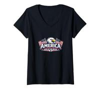Women's America Land of The Brave with Eagle and Flag V-Neck T-Shirt