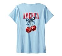 Women's America Patriotic Cherry Star Bow Graphic Backprint V-Neck T-Shirt