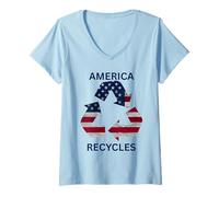 Womens America Recycles Earth Friendly Cute Character Design V-Neck T-Shirt