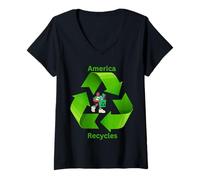 Womens America Recycles Earth Friendly Cute Character Design V-Neck T-Shirt