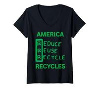 Womens America Recycles Earth Friendly Cute Character Design V-Neck T-Shirt