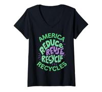 Womens America Recycles Earth Friendly Cute Character Design V-Neck T-Shirt