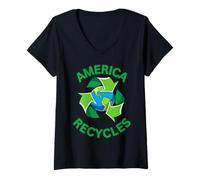 Womens America Recycles Earth Friendly Cute Character Design V-Neck T-Shirt