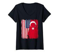 Womens America Turkey Half Flag Turkiye American Turkish Heritage V-Neck T-Shirt