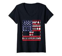Womens America Was Built By Immigrants Protest Pride Migra USA Flag V-Neck T-Shirt