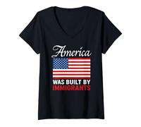 Womens America Was Built By Immigrants Protest Pride Migra USA Flag V-Neck T-Shirt