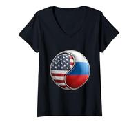 Womens American and Russian Yin Yang Flag for Expats Dual Heritage V-Neck T-Shirt