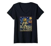 Women's American Astronaut Golden Retriever Moon Landing Space Art V-Neck T-Shirt
