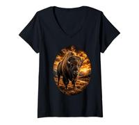 Women's American Bison Sunset Wildlife Art Majestic Buffalo V-Neck T-Shirt