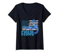 Womens American Flag Blue Ribbon Colorectal Cancer Support Tee V-Neck T-Shirt