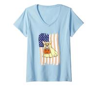Women's American Flag Corgi Ghost V-Neck T-Shirt