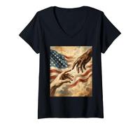 Women's American Flag Creation of Adam Hand Black History Patriotism V-Neck T-Shirt