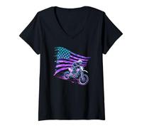 Women's American Flag Crest Behind a Professional Motocross Rider V-Neck T-Shirt