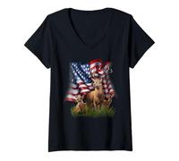 Womens American Flag Deer Buck Doe Fawn Patriotic Wildlife V-Neck T-Shirt