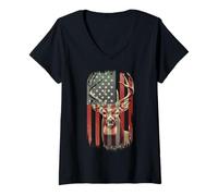 Womens American Flag Deer Hunting Camo Patriotic Distressed Design V-Neck T-Shirt