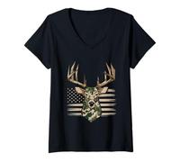 Womens American Flag Deer Hunting Tshirt Whitetail Buck Hunters USA V-Neck T-Shirt