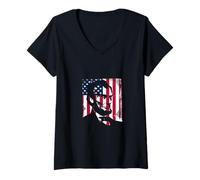 Womens American Flag Distressed Silhouette Portrait V-Neck T-Shirt