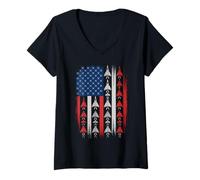 Womens American Flag Fighter Jet Patriotic Military Aircraft V-Neck T-Shirt