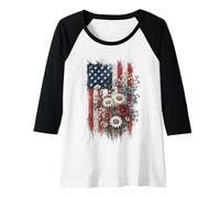 Womens American Flag Floral Patriotic USA Daisy Raglan Baseball Tee