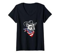 Women's American Flag French Bulldog Cowboy V-Neck T-Shirt