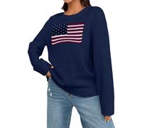 Women'S American Flag Graphic Long Sleeve Sweater Knit Round Neck Pullover Top Dark Blue S