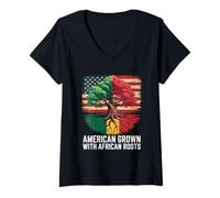 Womens American Flag Grown with African Roots USA amerca Heritage V-Neck T-Shirt