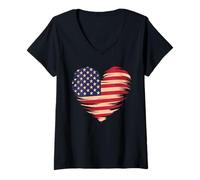 Womens American Flag Heart Distressed Patriotic Fourth of July USA V-Neck T-Shirt