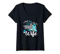 Womens American Flag I Wear Teal for My Wife Cervical Cancer V-Neck T-Shirt