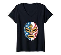 Womens American Flag Lucha Libre Mask Cross V-Neck T-Shirt