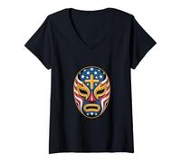 Womens American Flag Lucha Libre Mask Cross V-Neck T-Shirt