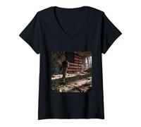 Women's American Flag Microphone Ruin Patriotic Music Art V-Neck T-Shirt