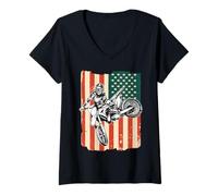Womens American Flag Motocross and Dirt Bike V-Neck T-Shirt