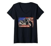 Women's American Flag Motorcycle Patriotic Biker Design V-Neck T-Shirt