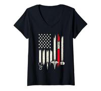 Women's American Flag Nurse Thin Red Line Medical Hero V-Neck T-Shirt