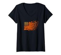 Womens American Flag of Autumn Waving Leaves Fall Patriotic USA V-Neck T-Shirt