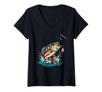 Womens American Flag Patriotic Fishing 4th of July US Flag V-Neck T-Shirt