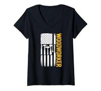 Womens American Flag Patriotic Woodworker Vintage Woodworking V-Neck T-Shirt
