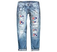 Womens American Flag Print Ripped Jeans Low WAIS Stretchy Wide Leg Distressed Denim Trousers Plus Size Straight Leg Boyfriend Ripped Cut Out Denim Pants with Pockets