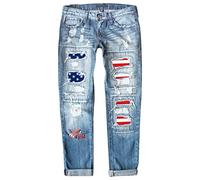 Womens American Flag Print Ripped Jeans Low WAIS Stretchy Wide Leg Distressed Denim Trousers Plus Size Straight Leg Boyfriend Ripped Cut Out Denim Pants with Pockets