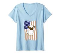Women's American Flag Pug Ghost V-Neck T-Shirt