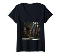 Women's American Flag Ruined Clock Face Mask Surrealism Art V-Neck T-Shirt