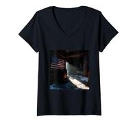 Women's American Flag Rustic Cabin Winter Sunlight USA Patriotic V-Neck T-Shirt