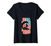 Women's American Flag Surfer Surfing Ocean Waves Beach V-Neck T-Shirt