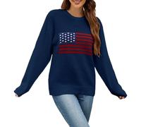 Womens American Flag Sweater Knit Long Sleeve Crew Neck Graphic Elegant Soft Loose Pullover Patriotic Jumpers Stars and Stripes Casual Blouse Blue M