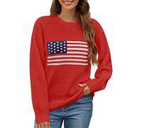 Womens American Flag Sweater Knit Long Sleeve Crew Neck Graphic Elegant Soft Loose Pullover Patriotic Jumpers Stars and Stripes Casual Blouse Red M